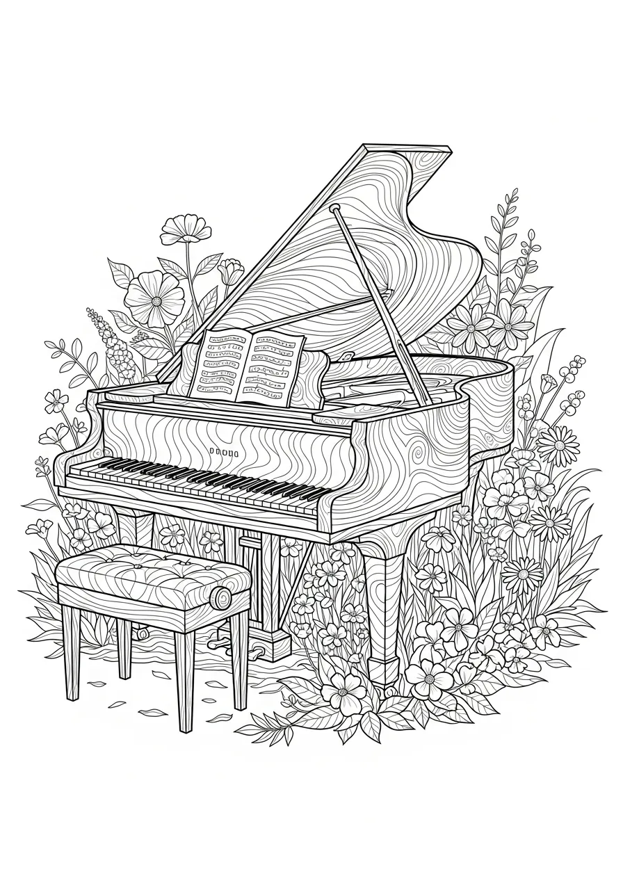 Piano Kleurplaat 8 bloemen tuin met vleugelpiano kleurplaat