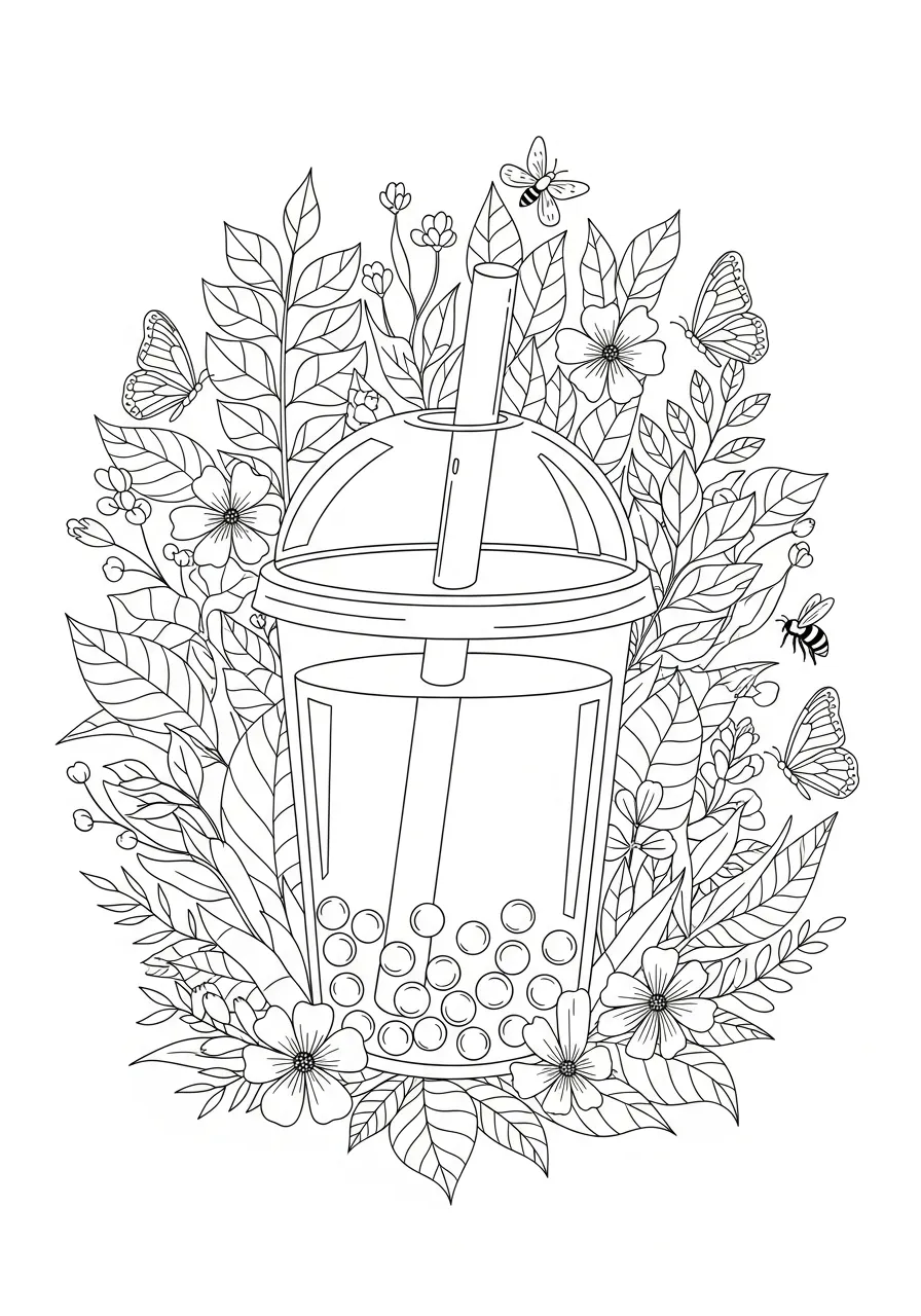 Kleurplaat Bubble Tea 8 bloemrijke bubble tea met vlinders kleurplaat