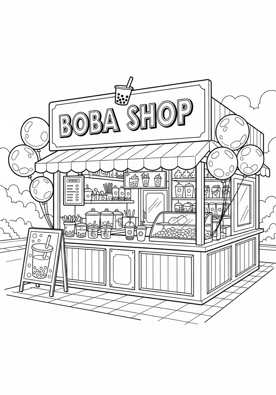 Kleurplaat Bubble Tea 9 boba winkel met ballonnen en drankjes kleurplaat
