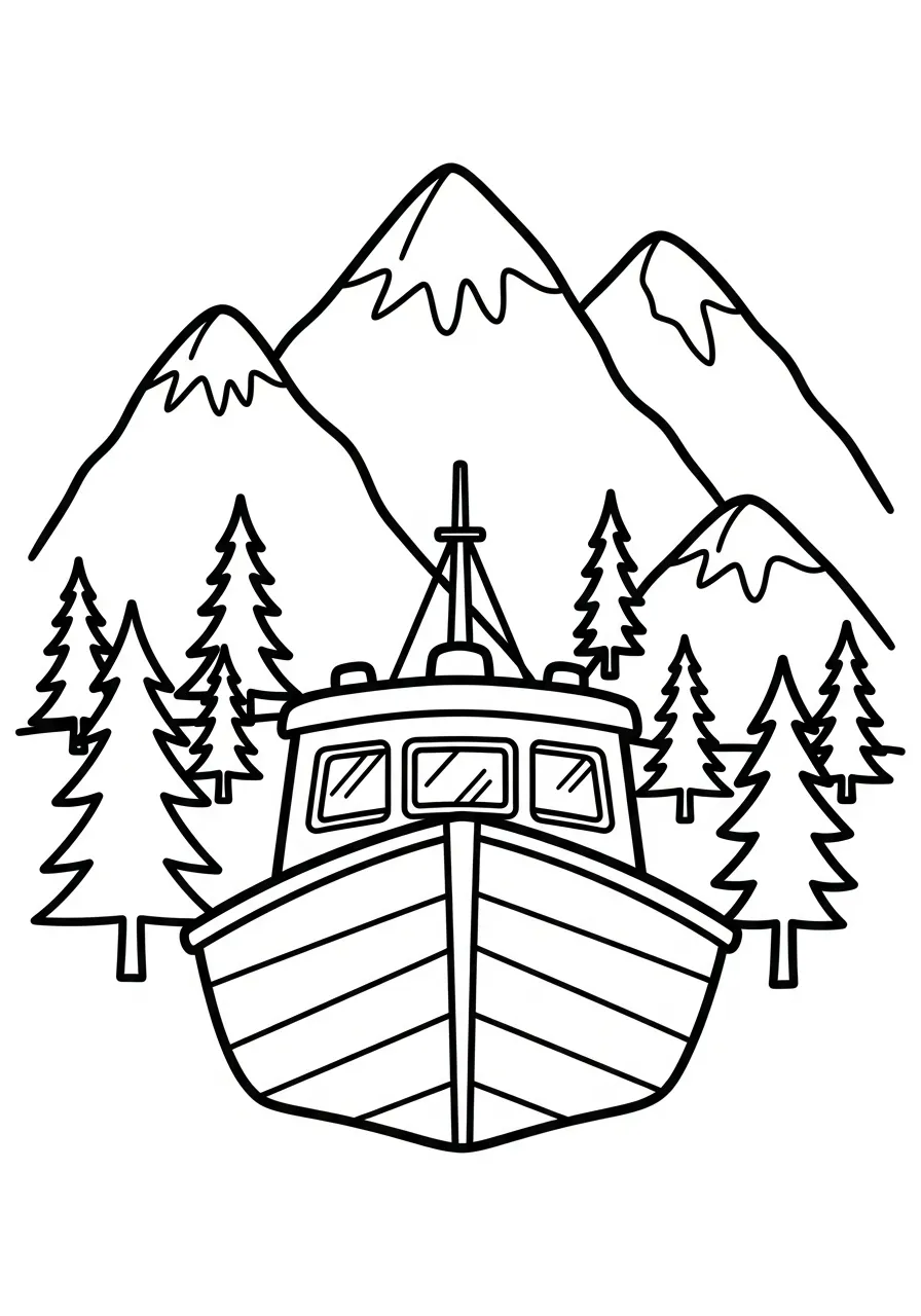 Kleurplaat Boot 13 boot tussen bergen en bossen kleurplaat