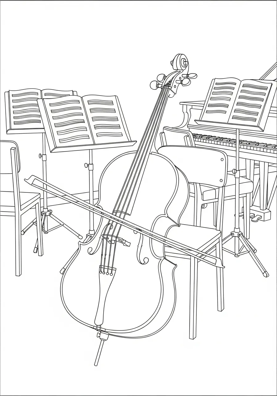 Kleurplaat Cello 10 cello in muzieklokaal met lessenaar kleurplaat