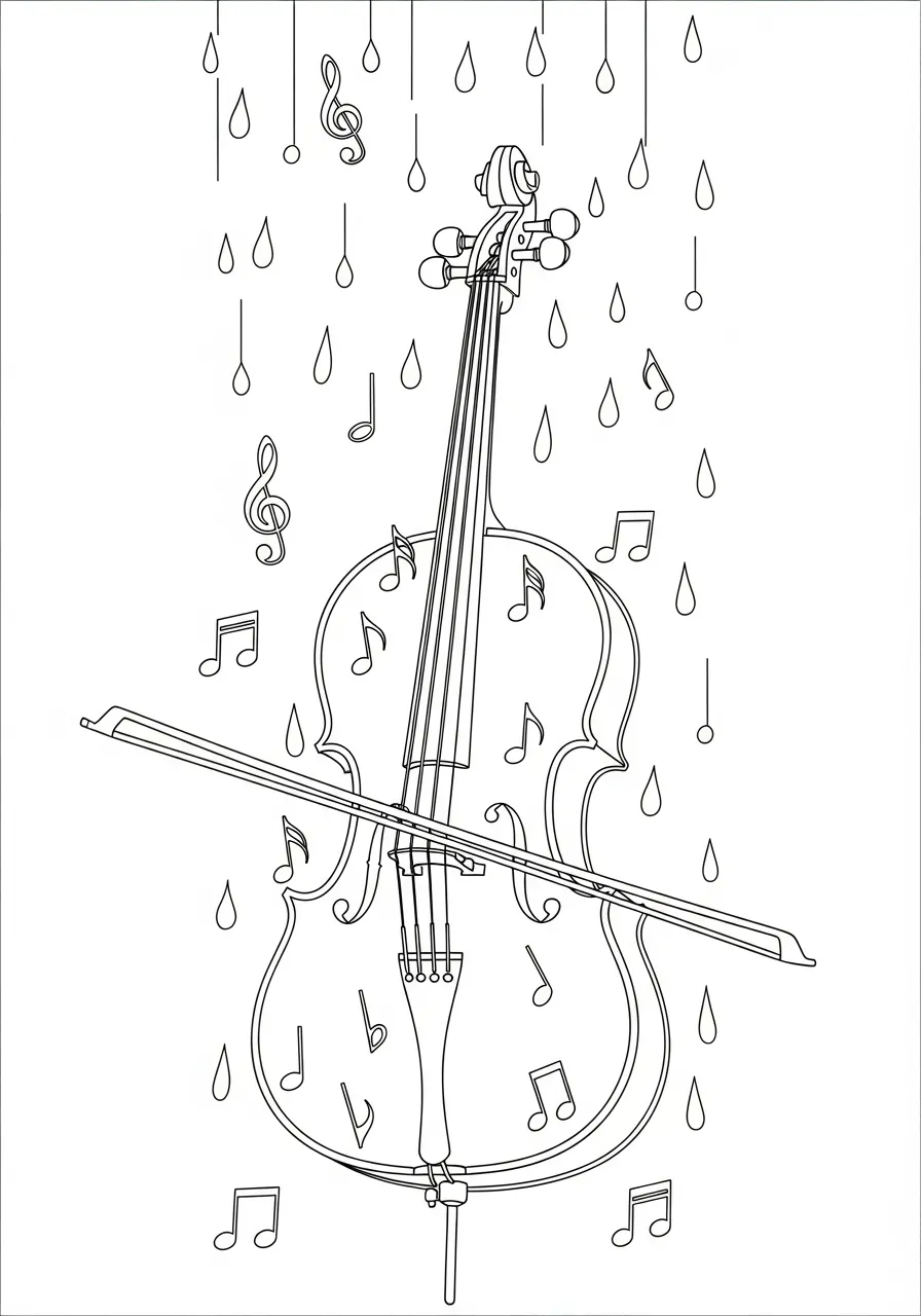 Kleurplaat Cello 11 cello met regendruppels en noten kleurplaat