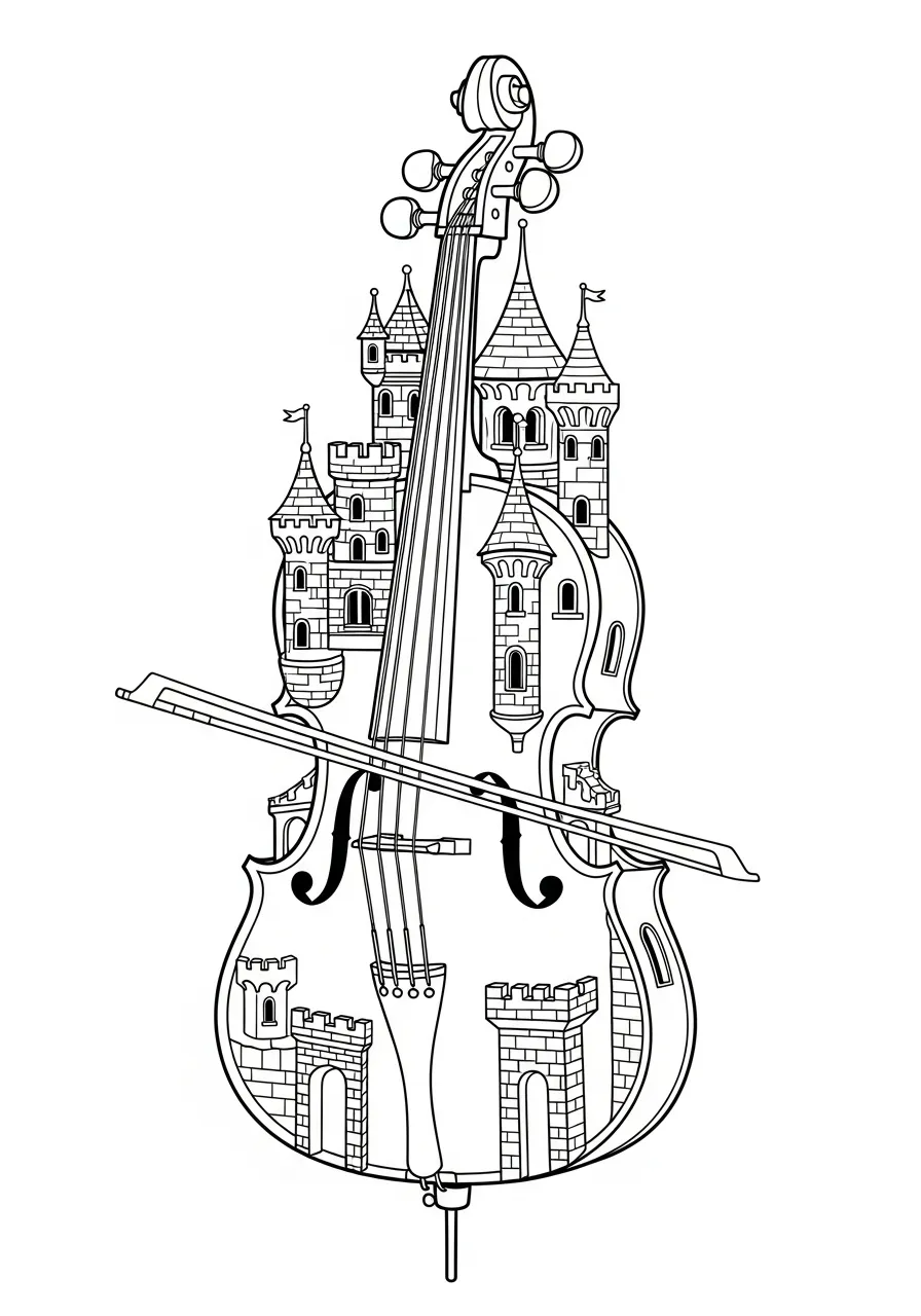 Kleurplaat Cello 12 cello met sprookjeskasteel kleurplaat