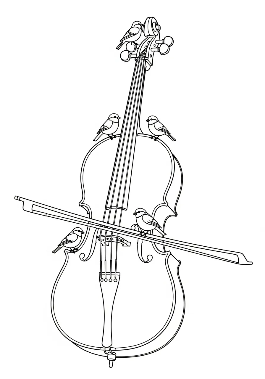 Kleurplaat Cello 13 cello met vogeltjes op de snaren kleurplaat