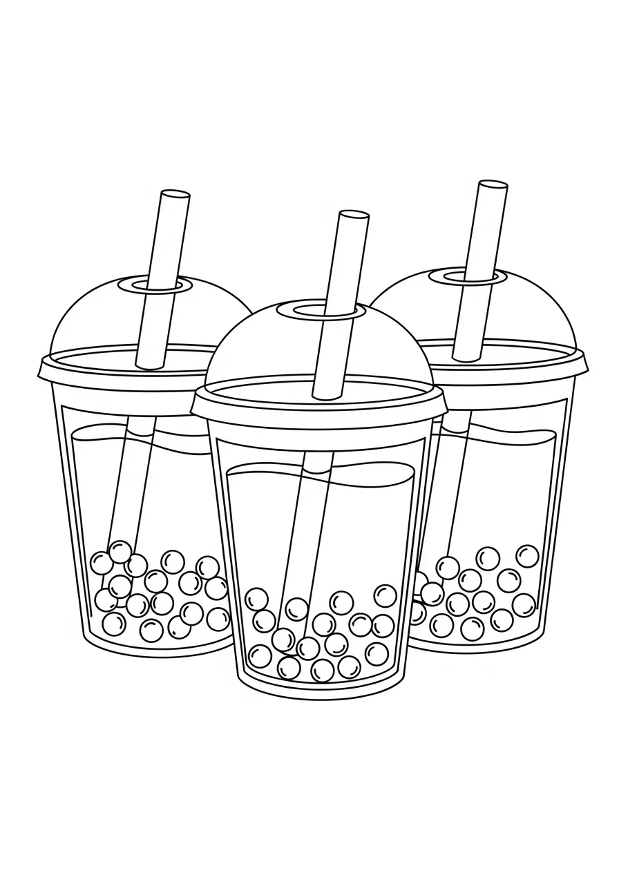 Kleurplaat Bubble Tea 11 drie bubble tea bekers samen kleurplaat