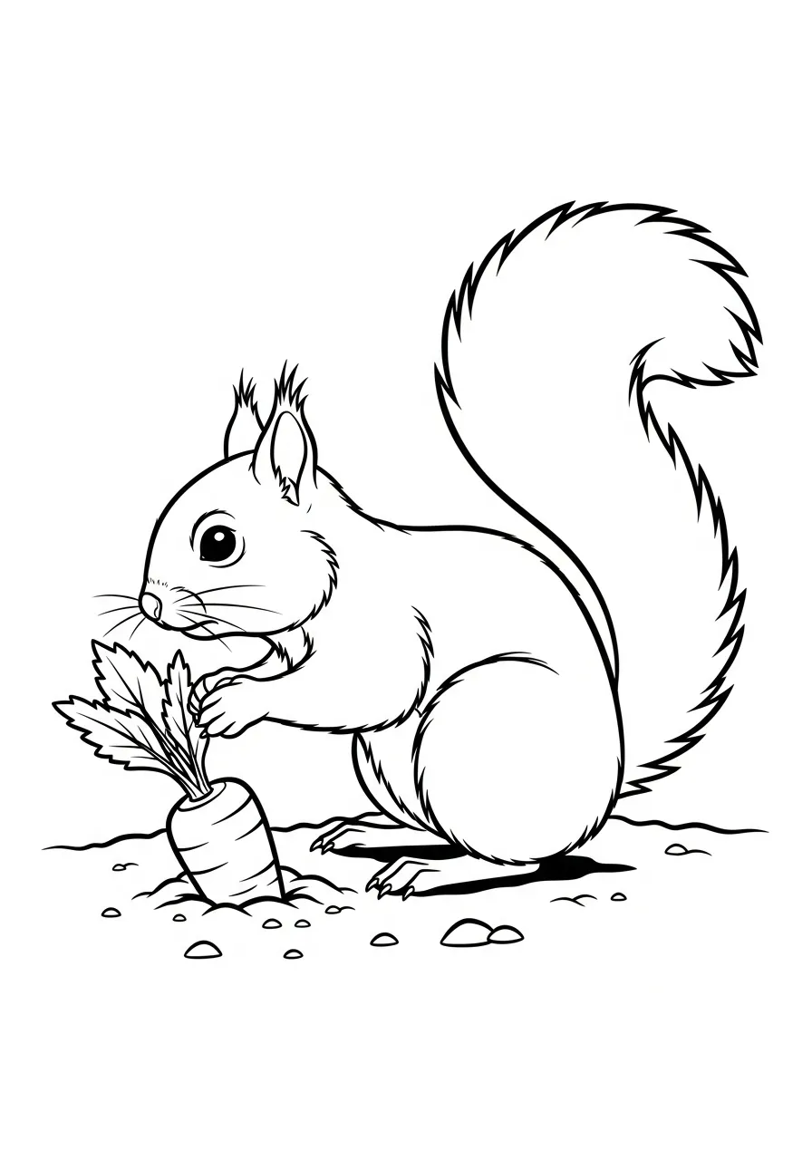 eekhoorn graaft wortel uit kleurplaat