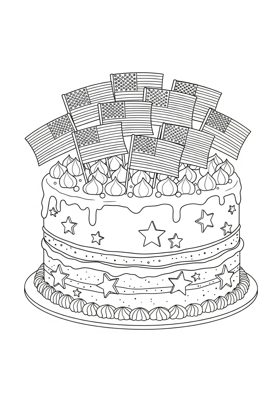 4th of July kleurplaat 10 feesttaart vol sterren en vlaggen kleurplaat