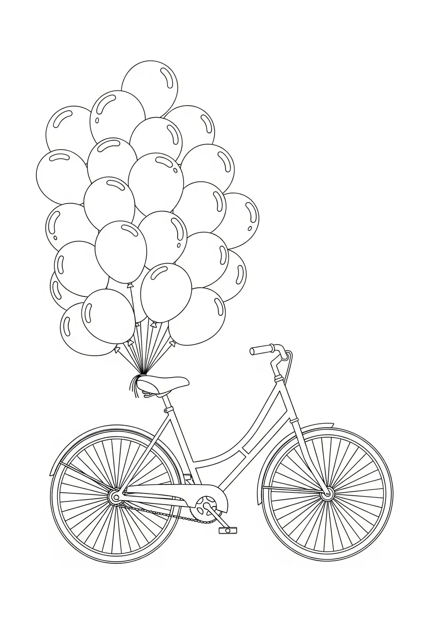 fiets met ballonbos feestelijke en vrolijke stijl kleurplaat