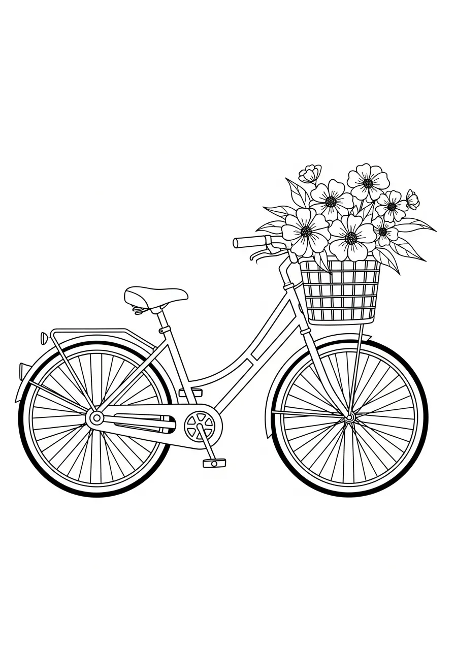 fiets met bloemenmand gezellige stadsfiets kleurplaat