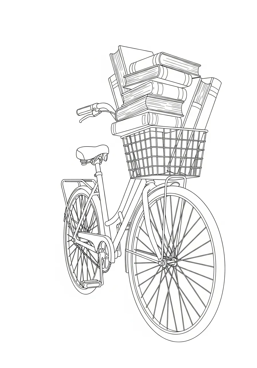fiets met grote stapel boeken in mand kleurplaat