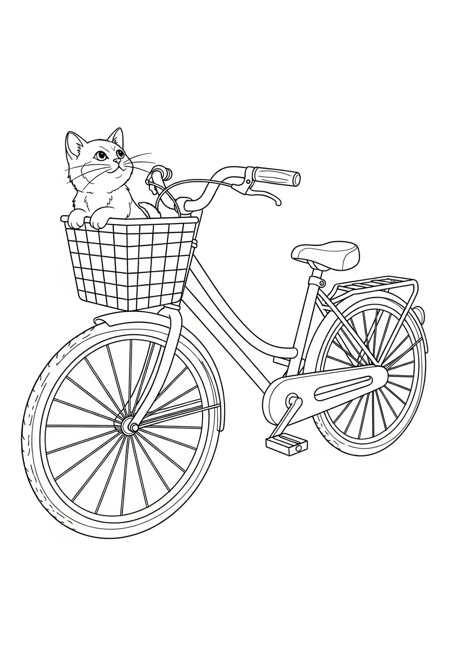 fiets met kat in mand schattige stijl kleurplaat