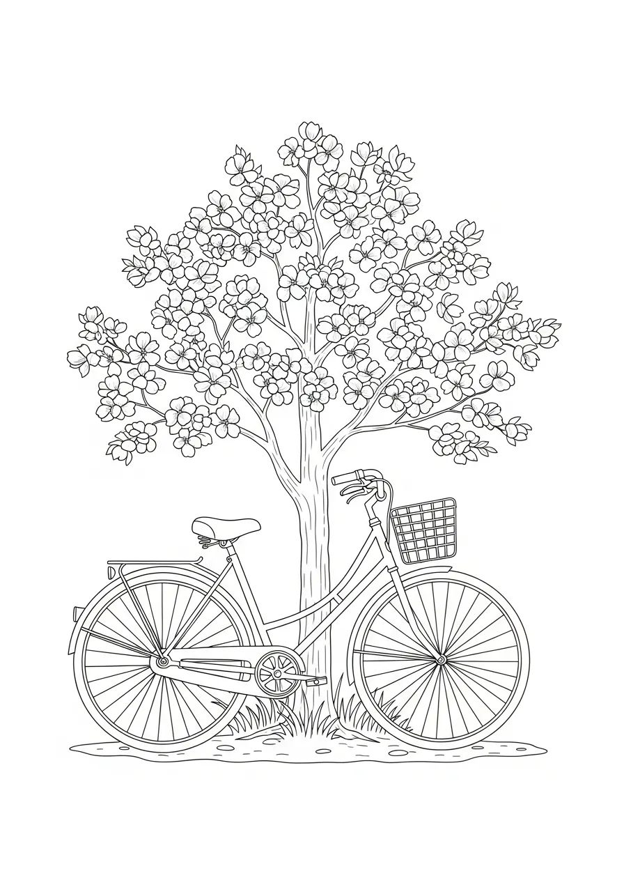 fiets onder bloeiende boom lente sfeer kleurplaat