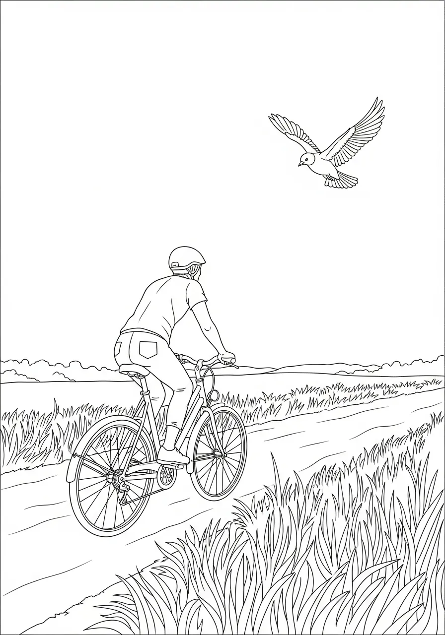 fietser op landweg met vogel kleurplaat