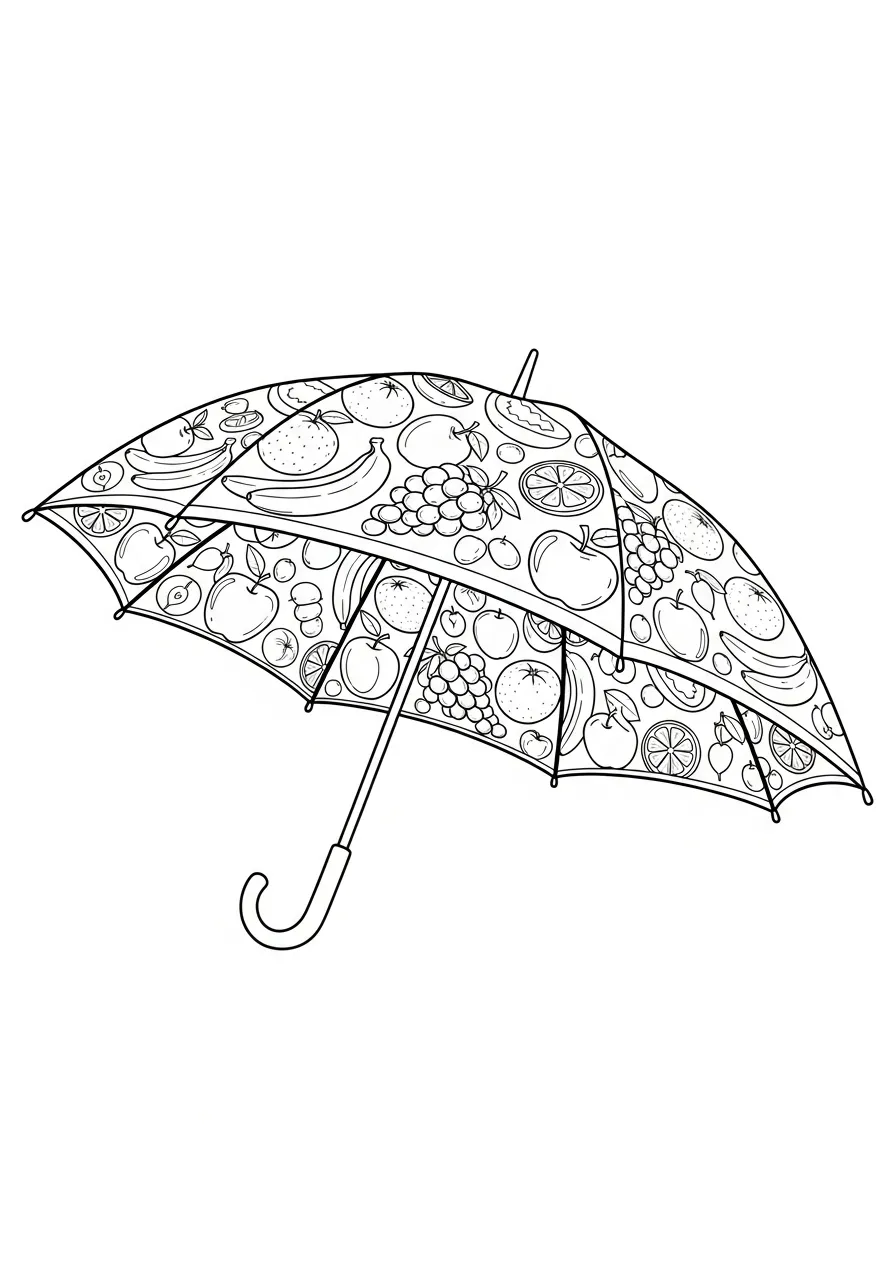 Paraplu Kleurplaat 14 fruitenparaplu met bananen en sinaasappels kleurplaat