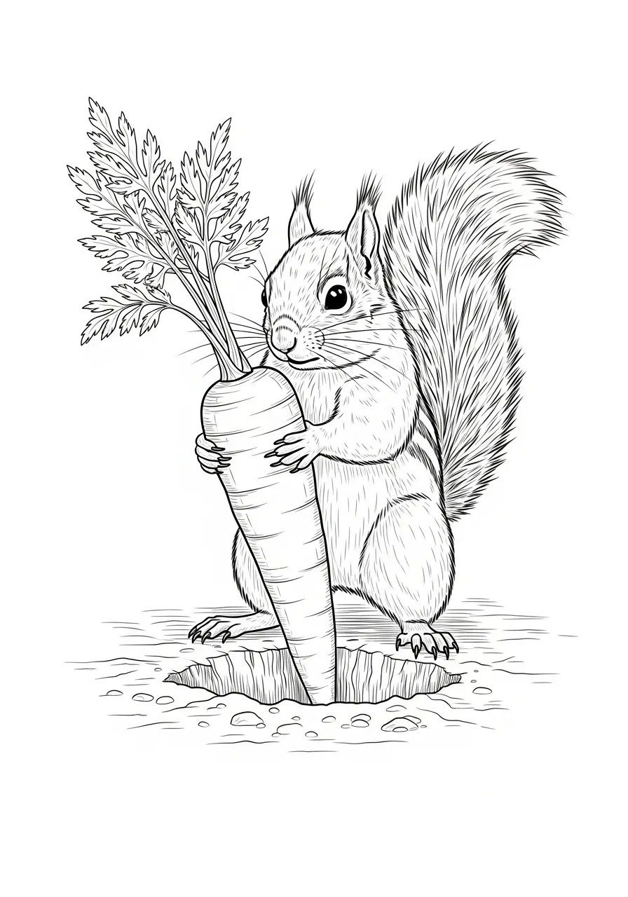 gedetailleerde eekhoorn knuffelt wortel kleurplaat