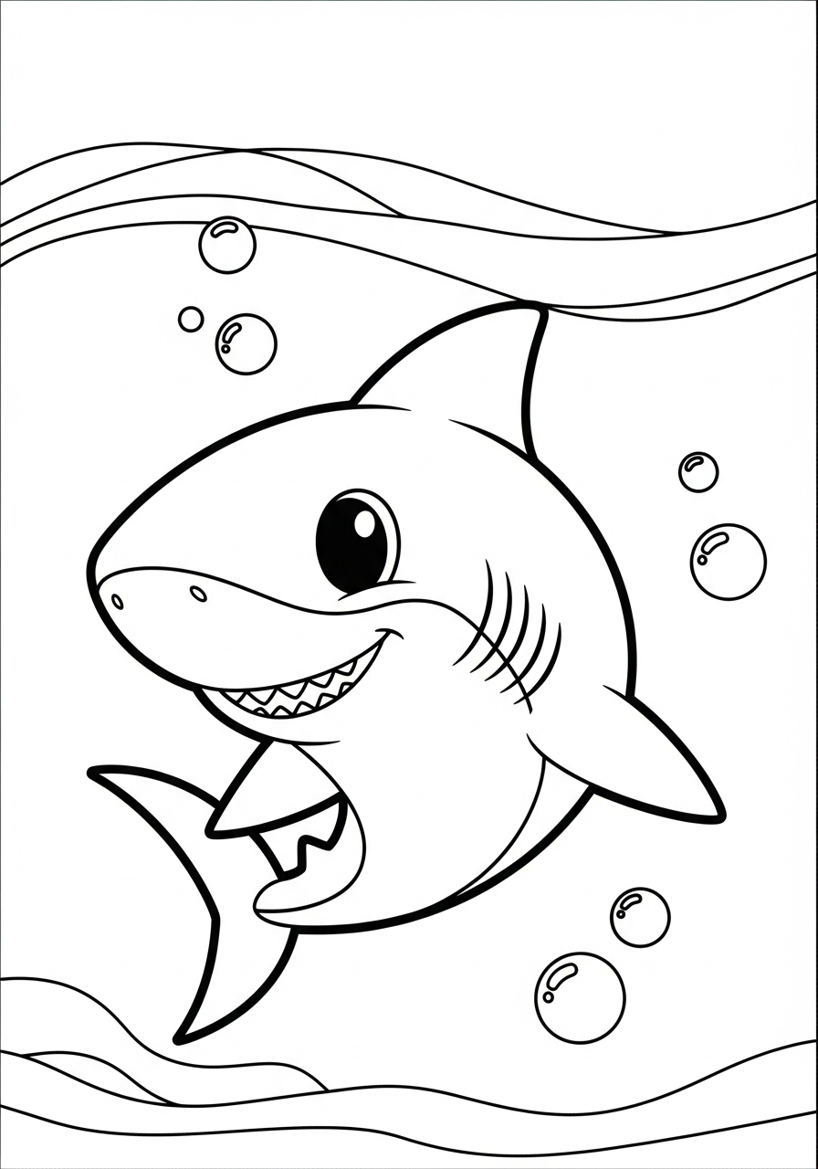 Haai Kleurplaat 22 glimlachende haai met bubbels kleurplaat