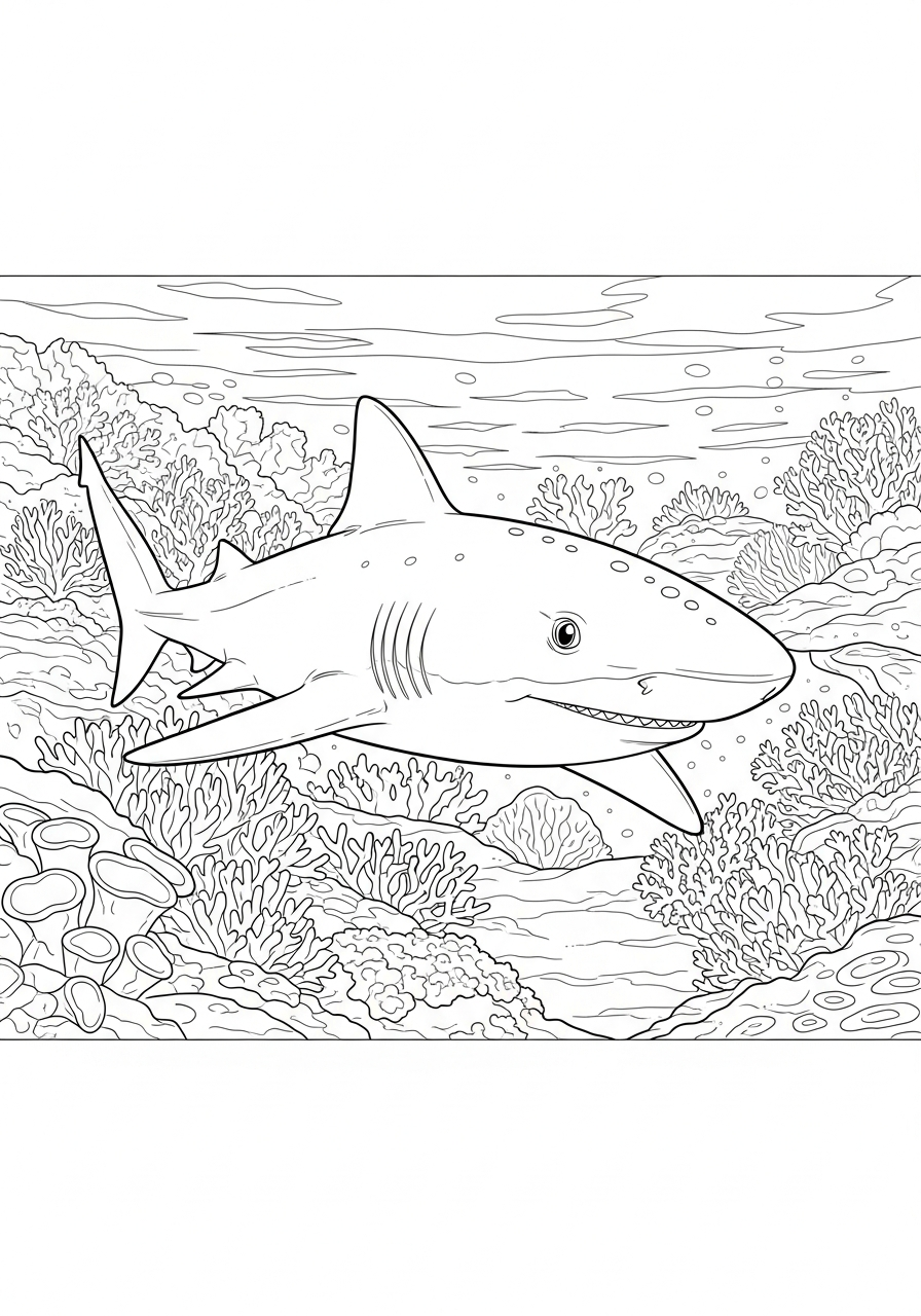 Haai Kleurplaat 21 glimlachende haai tussen koraalriffen kleurplaat