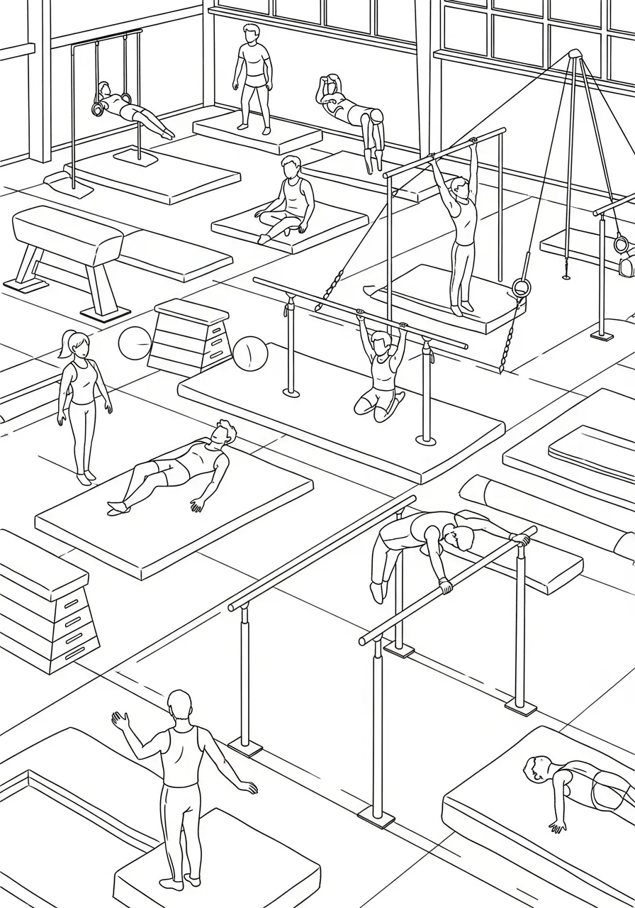 gymnastiekzaal met toestellen en turners kleurplaat