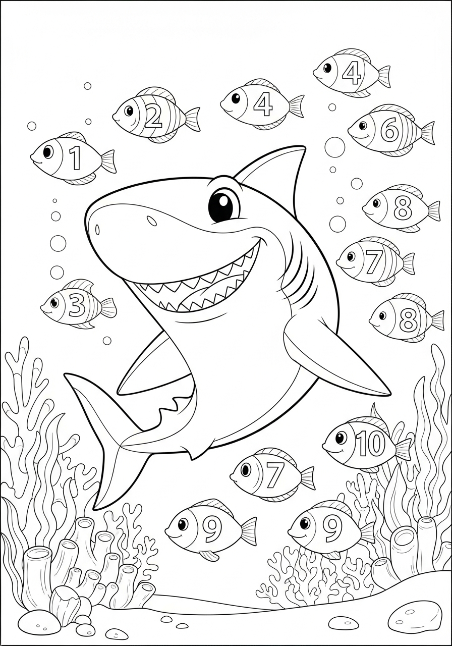 Haai Kleurplaat 18 haai met getallen en visjes kleurplaat
