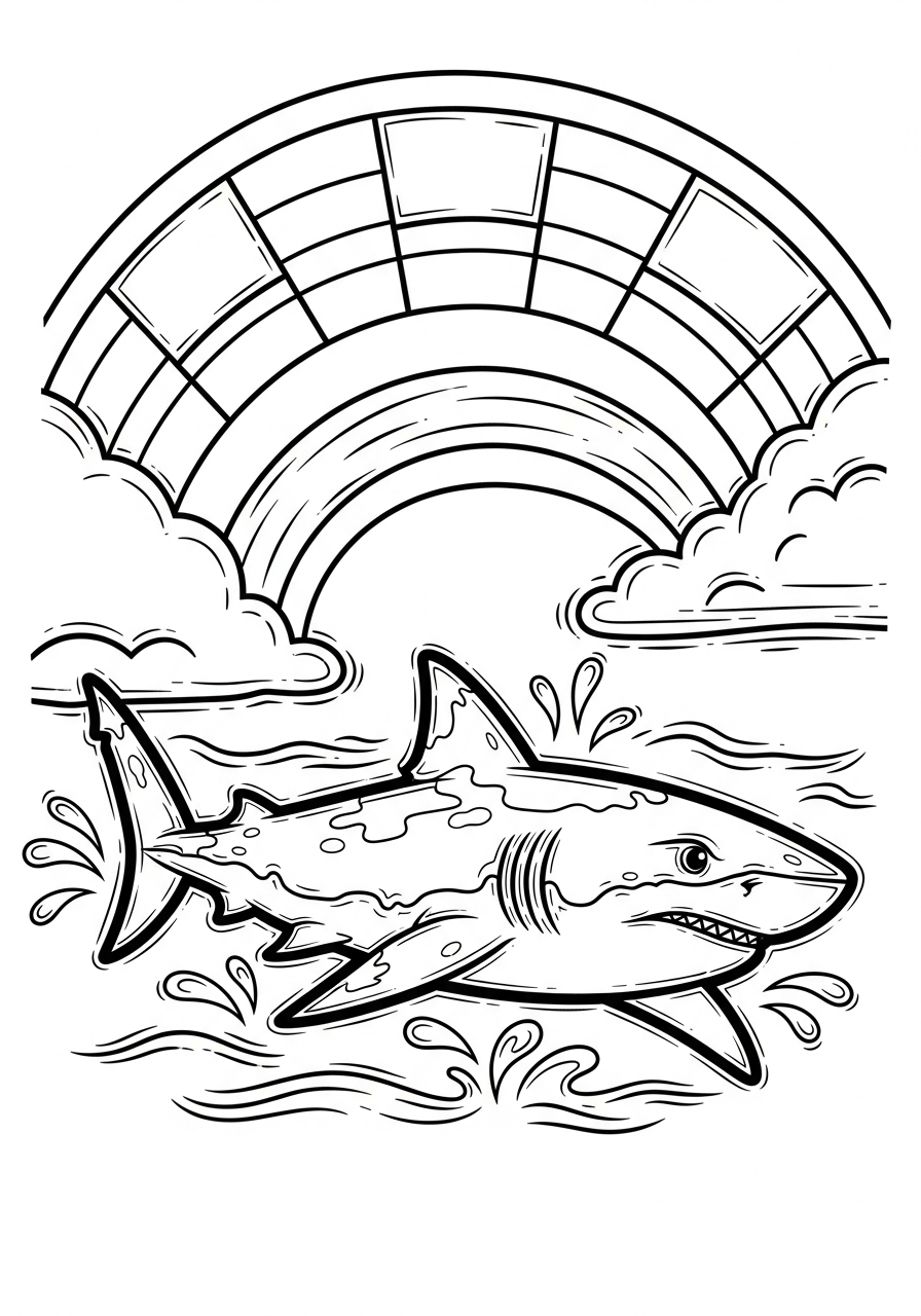 Haai Kleurplaat 16 haai springt door de regenboog kleurplaat
