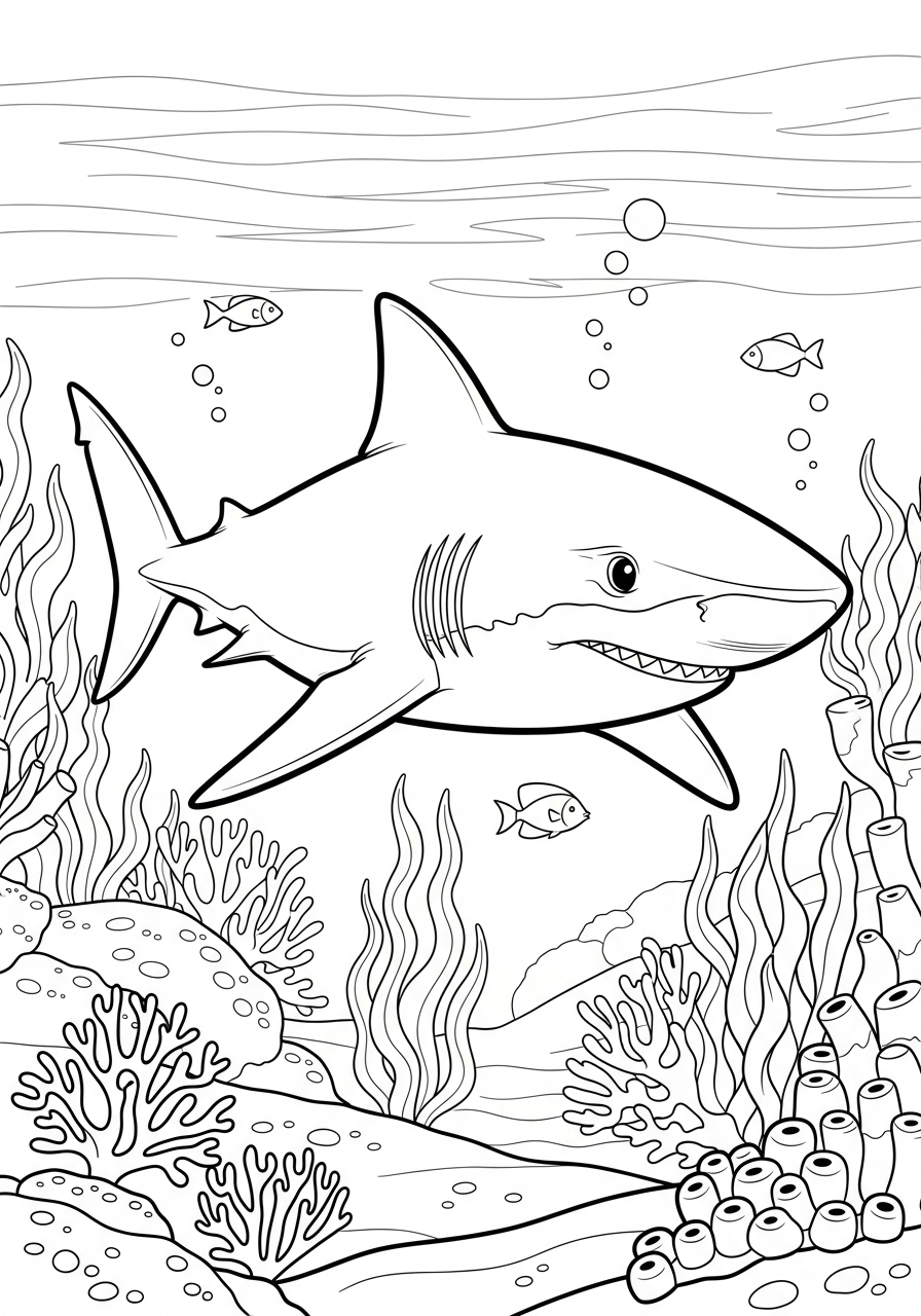 Haai Kleurplaat 15 haai tussen koraal en visjes kleurplaat