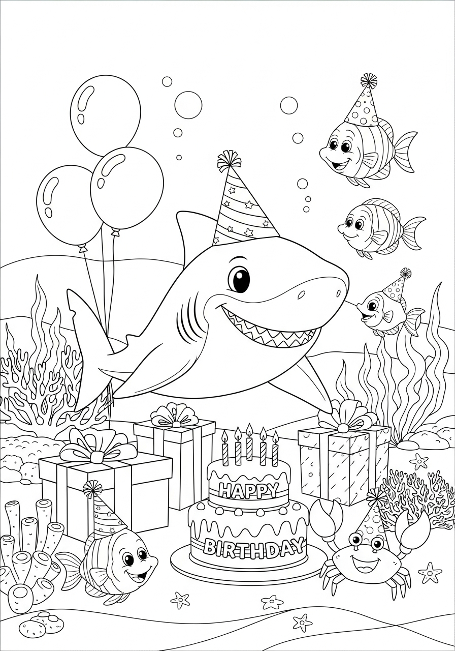Haai Kleurplaat 14 haai verjaardagsfeest onderwater kleurplaat