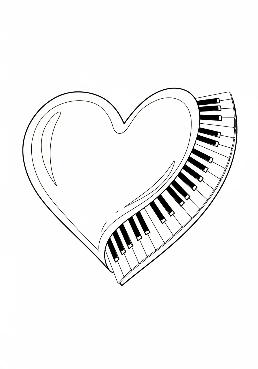 Piano Kleurplaat 12 hartvorm met pianotoetsen kleurplaat