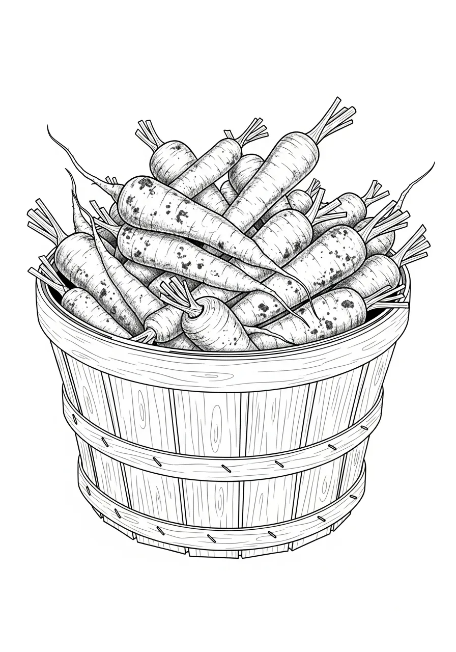 houten mand vol geoogste wortelen kleurplaat