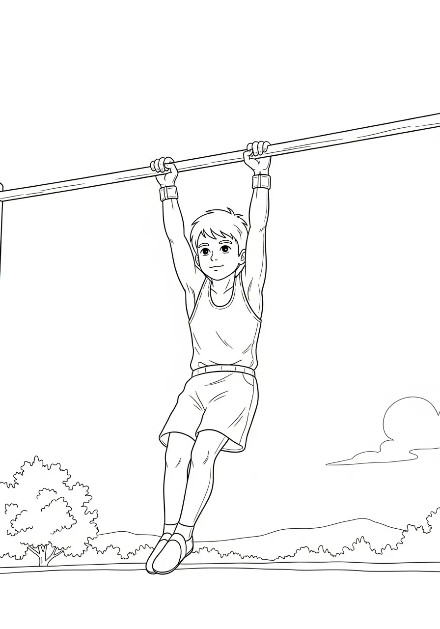 jongen aan de rekstok turnen kleurplaat
