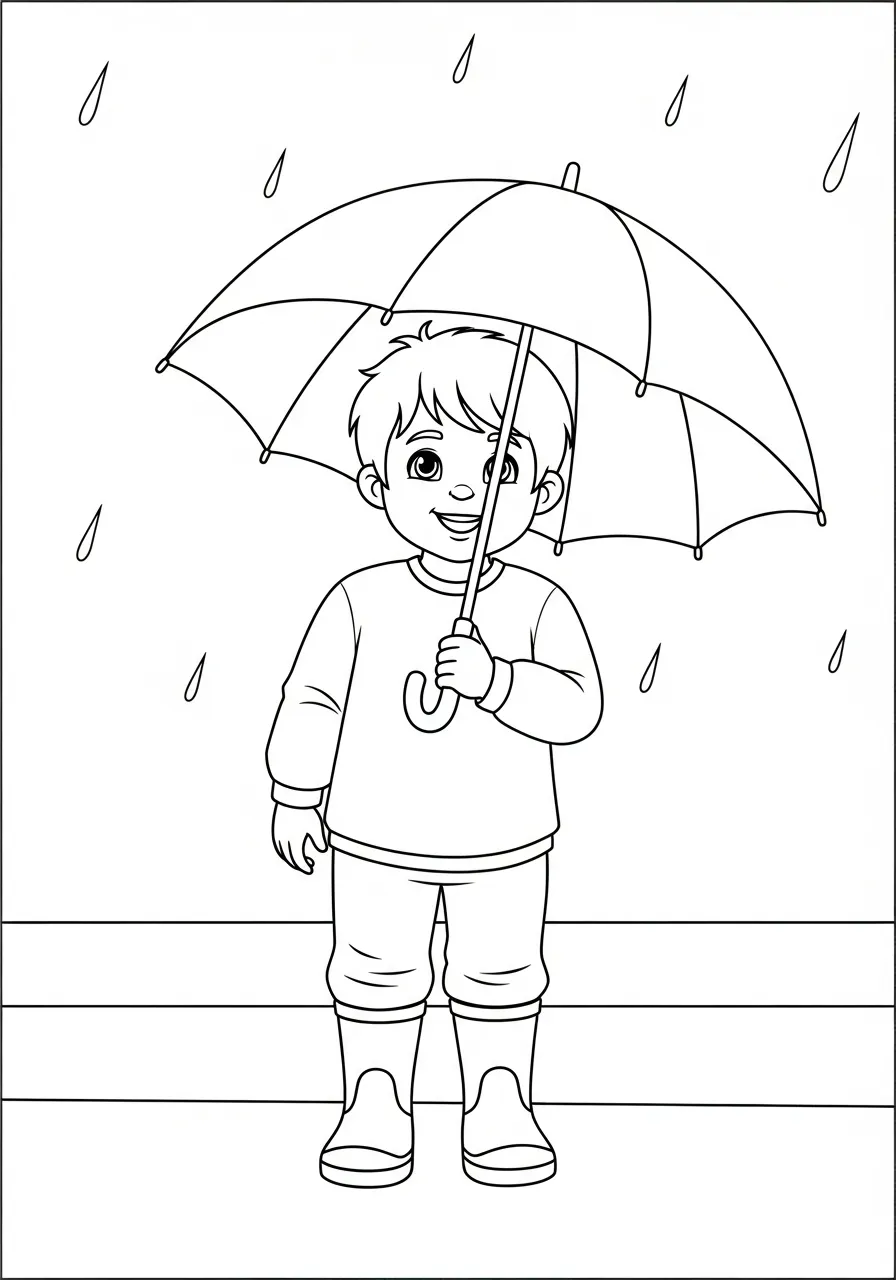 Paraplu Kleurplaat 16 jongen met paraplu en laarzen kleurplaat