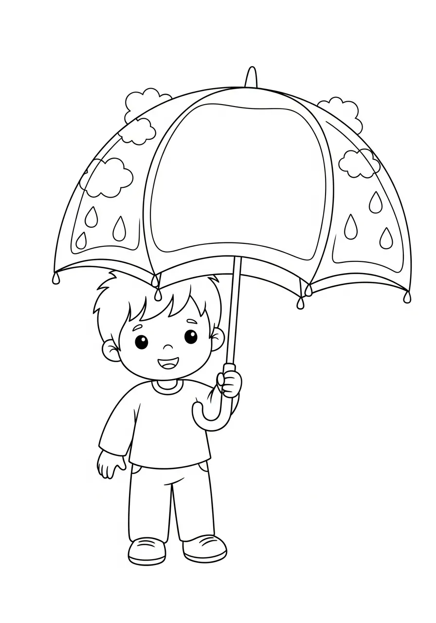 Paraplu Kleurplaat 17 jongen met paraplu en regenwolkjes kleurplaat