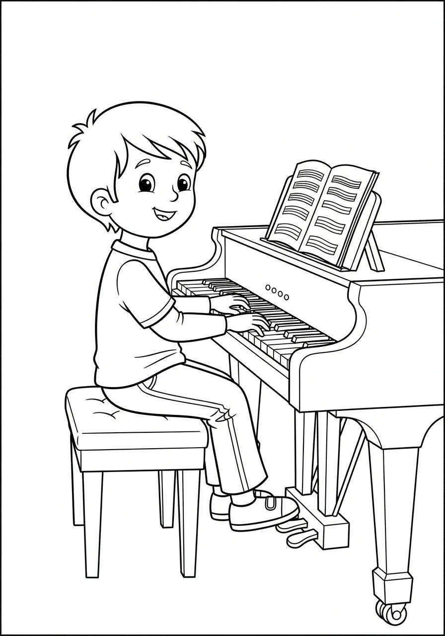 Piano Kleurplaat 13 jongetje speelt op vleugelpiano kleurplaat
