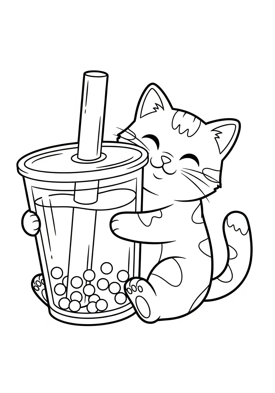 Kleurplaat Bubble Tea 14 kat knuffelt bubble tea beker kleurplaat