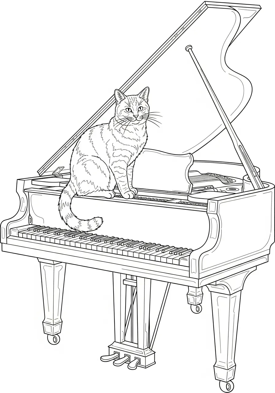 Piano Kleurplaat 14 kat zit op open vleugelpiano kleurplaat