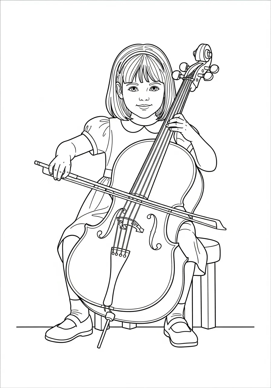 Kleurplaat Cello 17 kind met grote cello zittend kleurplaat