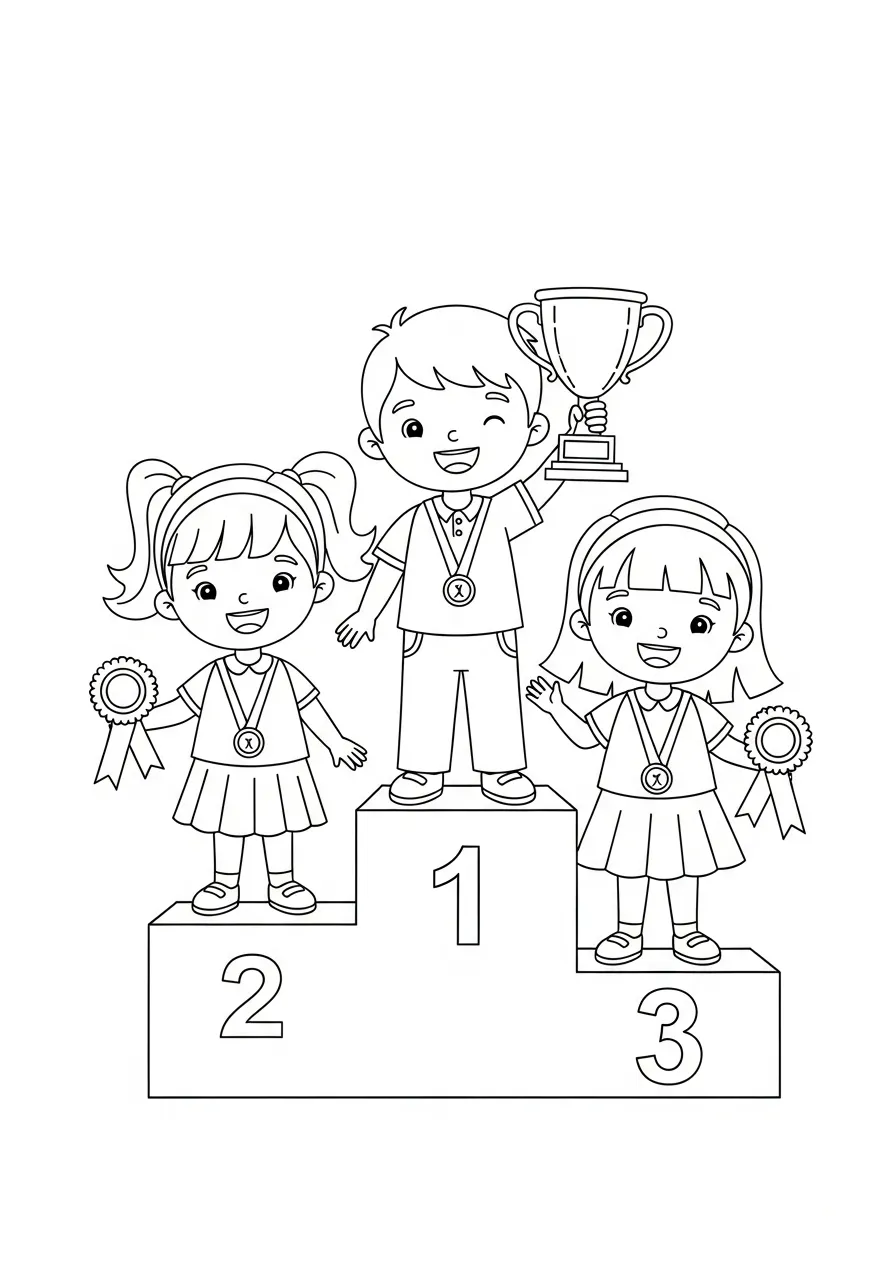 kinderen op het podium met medailles kleurplaat