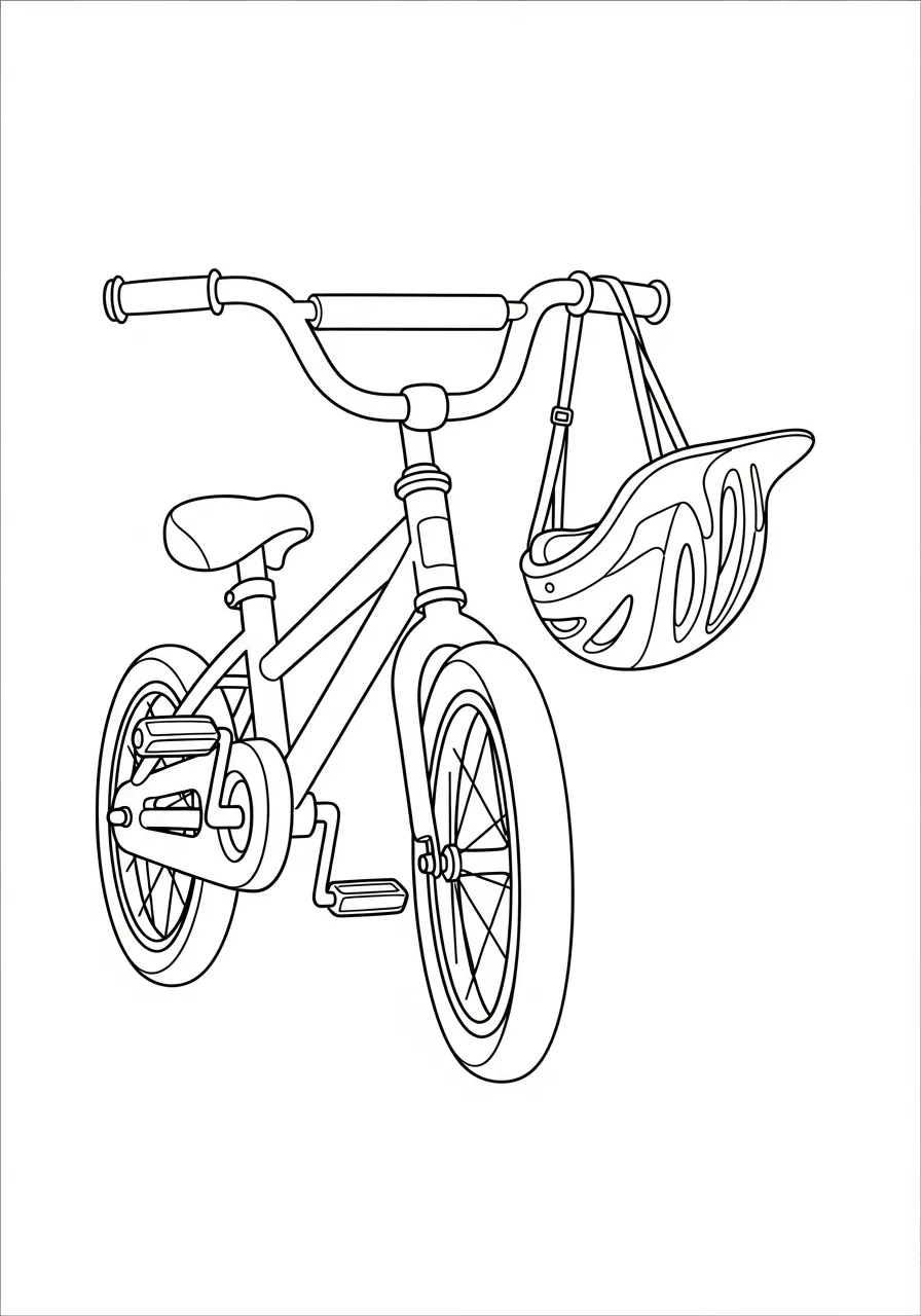 kinderfiets met helm aan stuur hangend kleurplaat