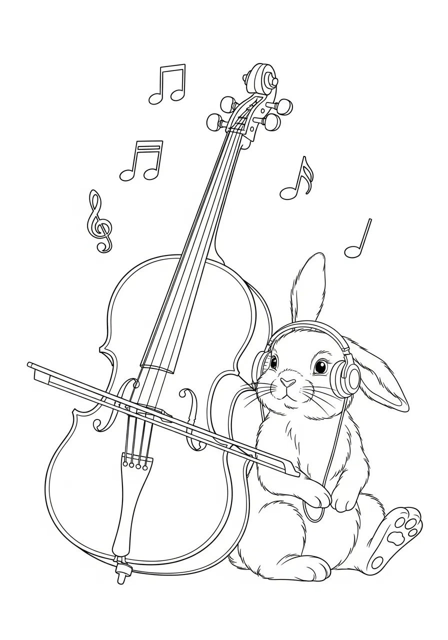 Kleurplaat Cello 20 konijn luistert en cello speelt kleurplaat