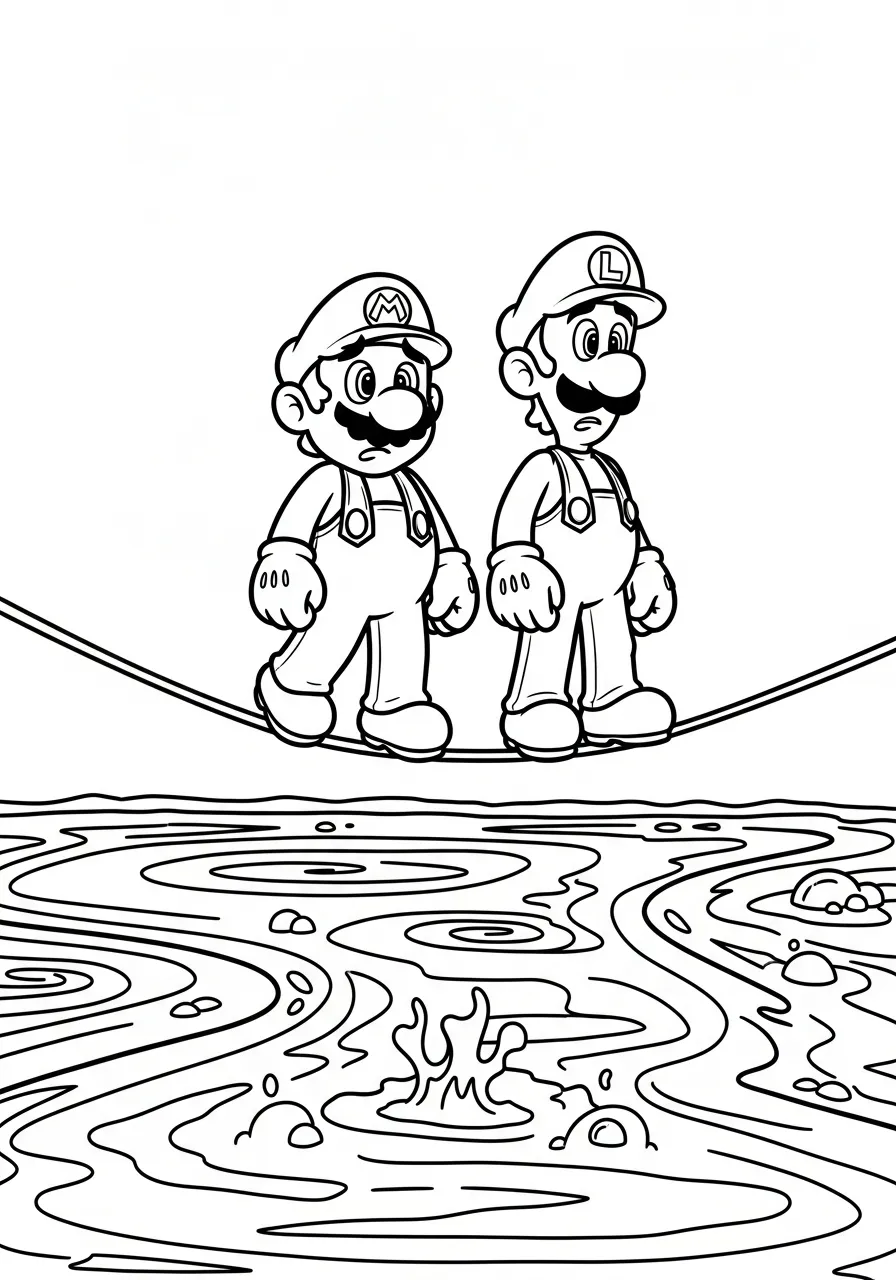 mario en luigi balanceren over touw kleurplaat