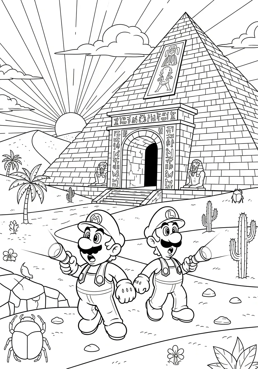 mario en luigi bij de piramide kleurplaat