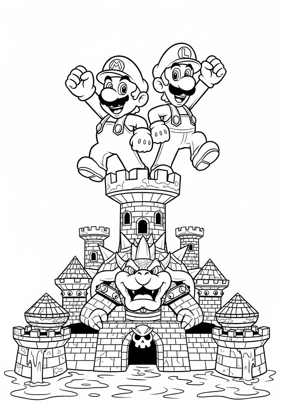 mario en luigi boven bowser kasteel kleurplaat