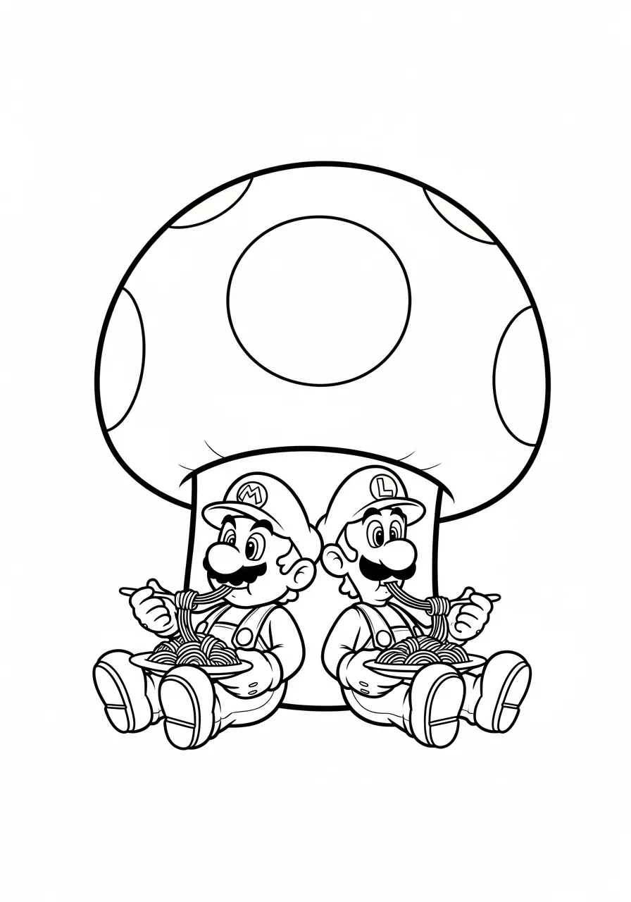 mario en luigi eten spaghetti kleurplaat