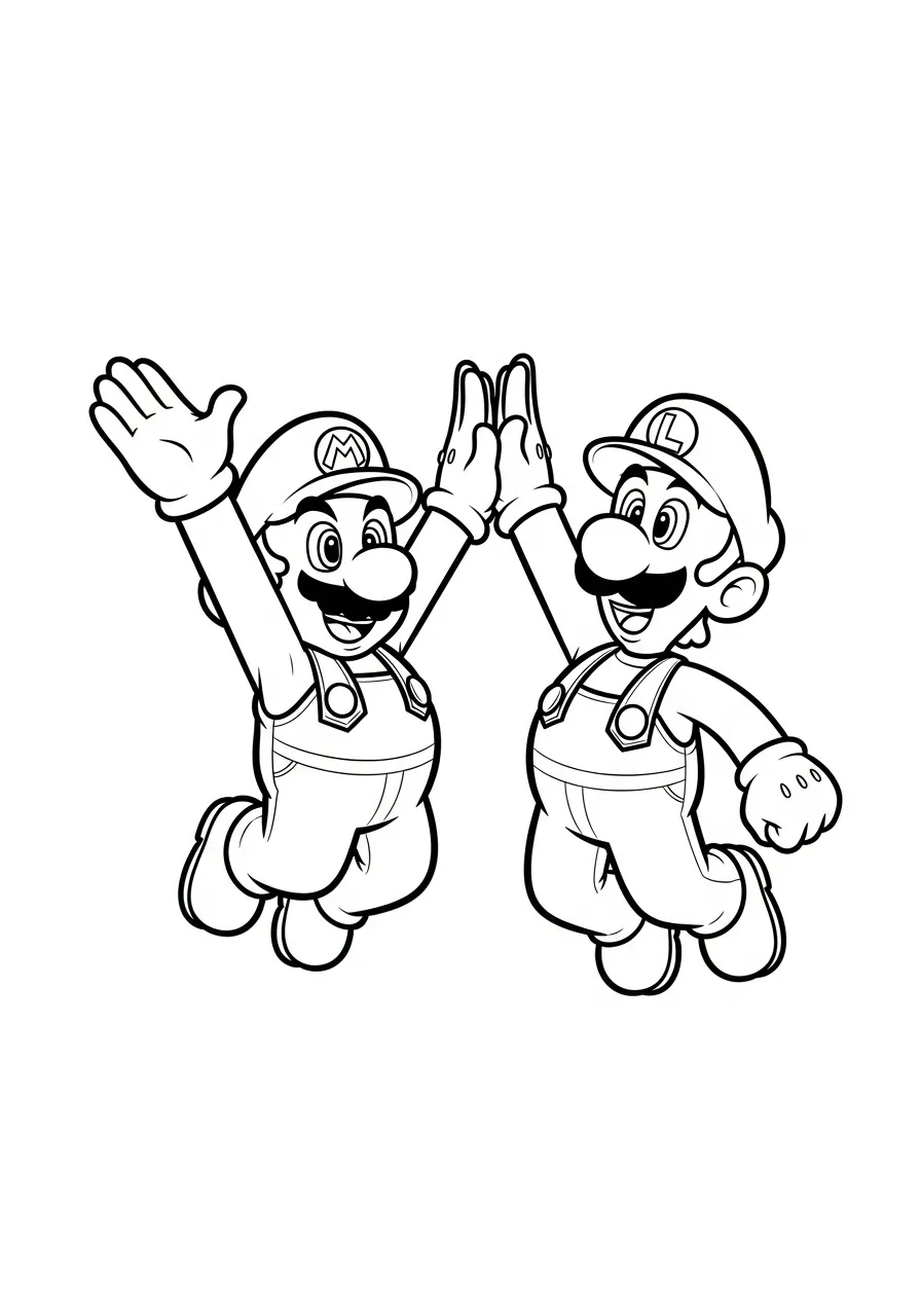 mario en luigi geven high five kleurplaat