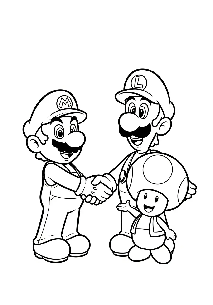 mario en luigi geven toad handdruk kleurplaat