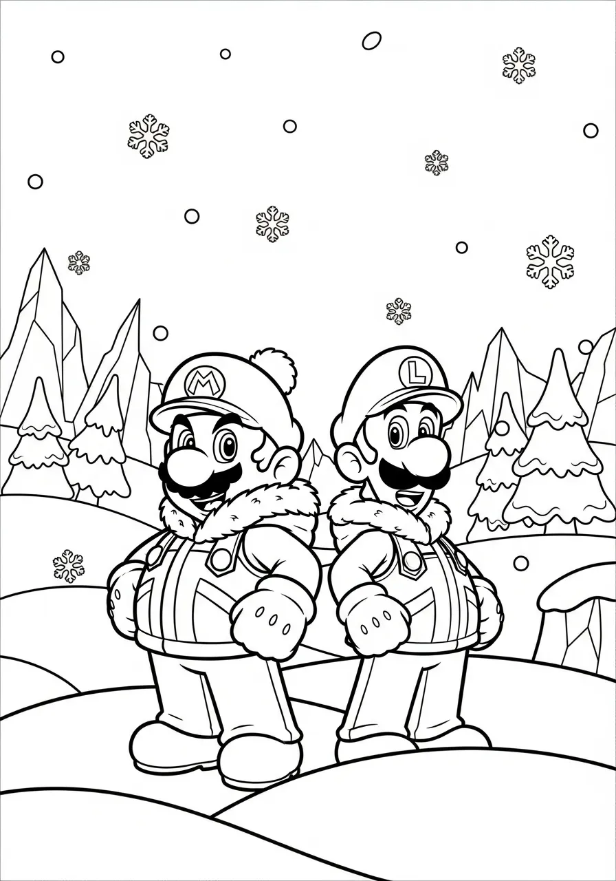 mario en luigi in de winter kleurplaat