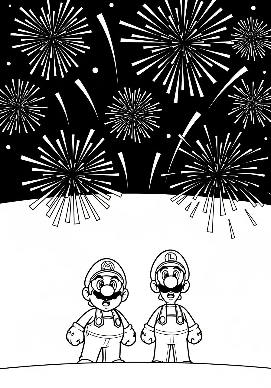 mario en luigi kijken naar vuurwerk kleurplaat