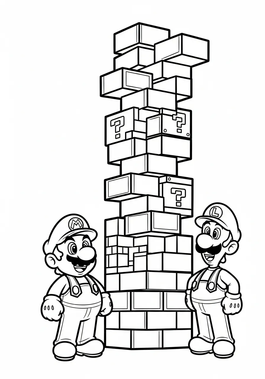 mario en luigi naast blokken toren kleurplaat
