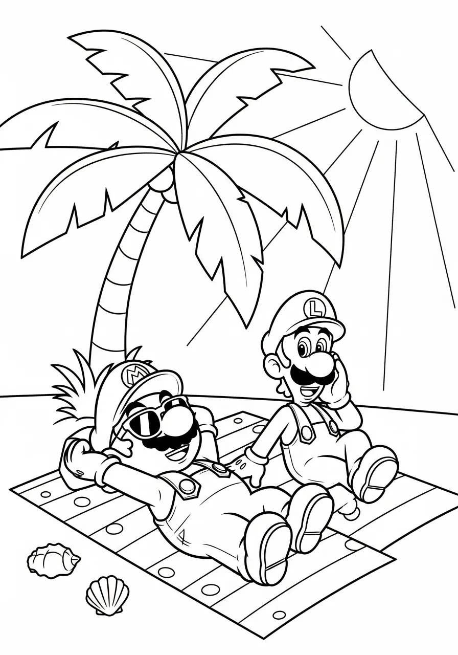 mario en luigi op het strand kleurplaat
