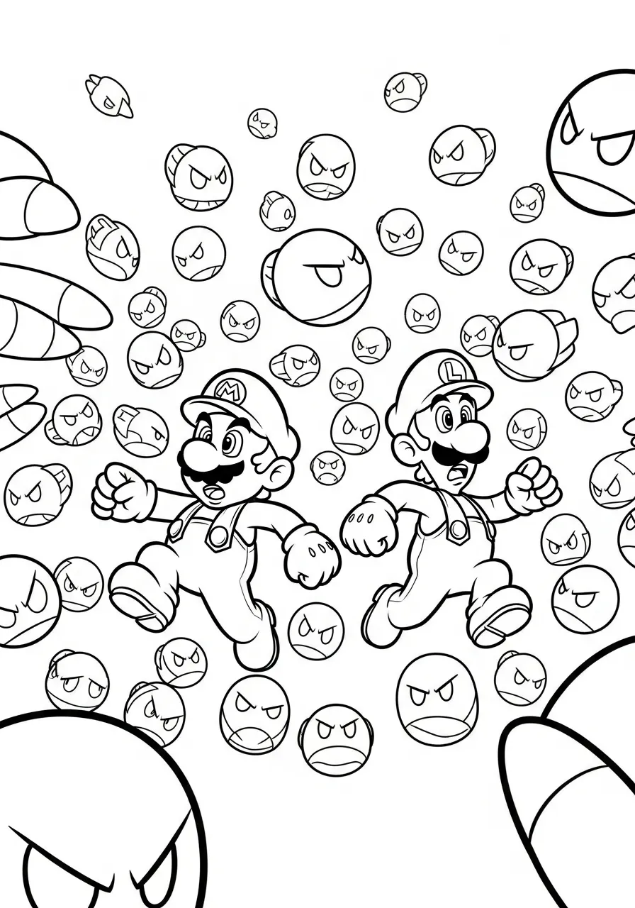 mario en luigi rennen voor boos kleurplaat