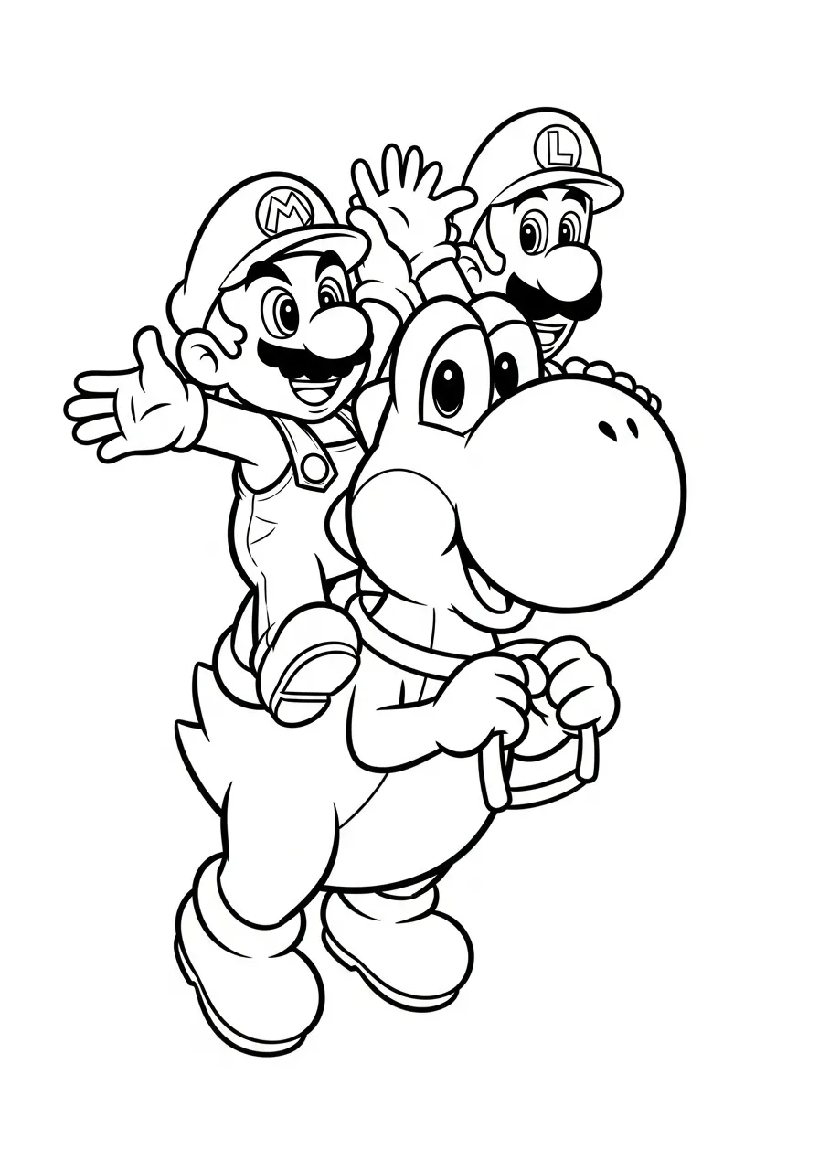 mario en luigi rijden op yoshi kleurplaat